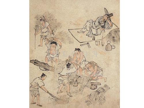 74.민화(김홍도) <br> 175*175mm(타작/대)